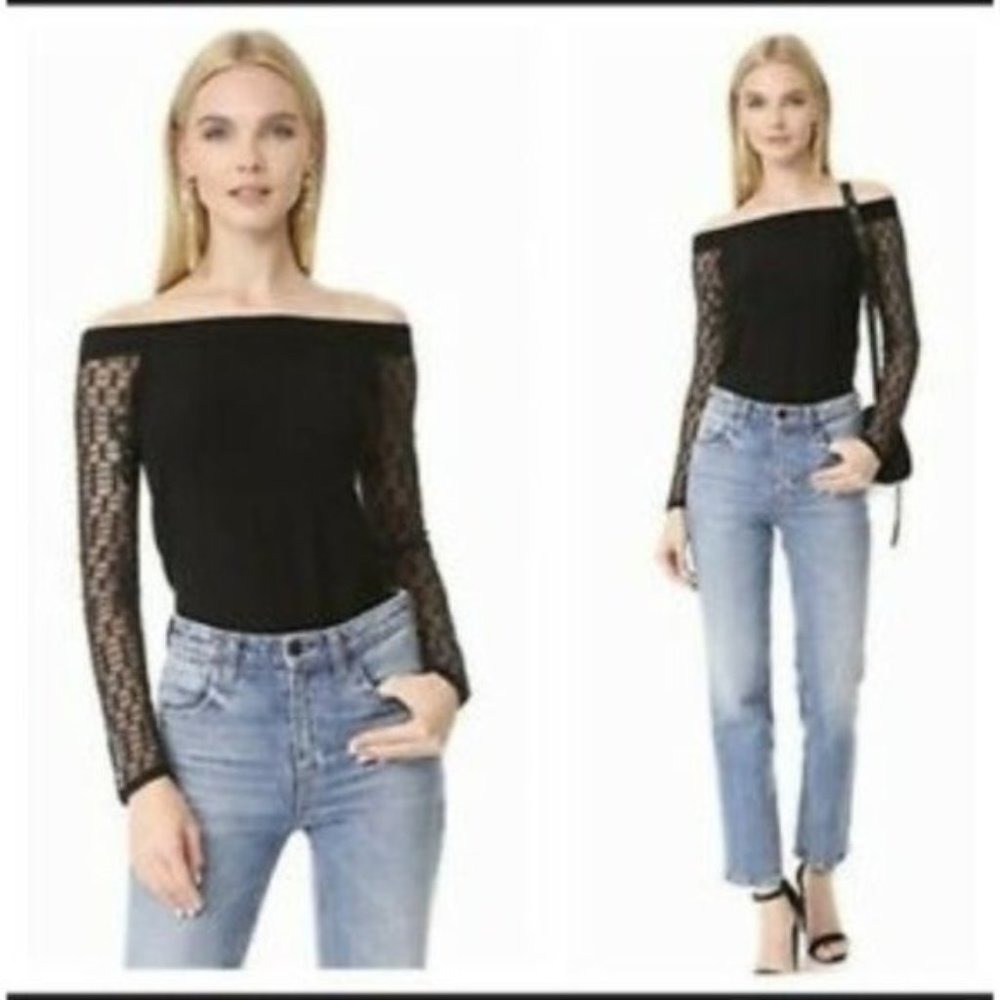 L'AGENCE Amaya Off the Shoulder Sweater Lace Sleeves Black Playful size L Large
